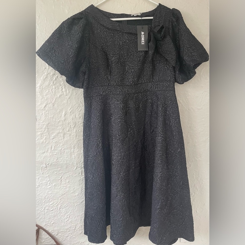 NWT AOMEI Plus Size Flower Short Puff Sleeve High Waist A-Line Jacquard Dress;1X